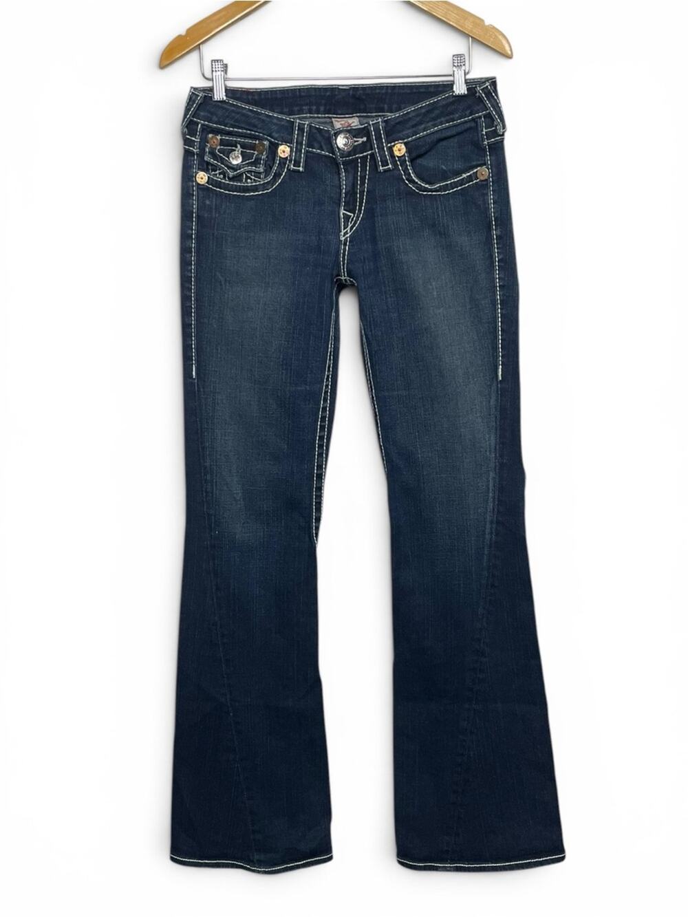 Vintage True Religion Joey Big T flared low rise boot cut Jeans white stitch 29